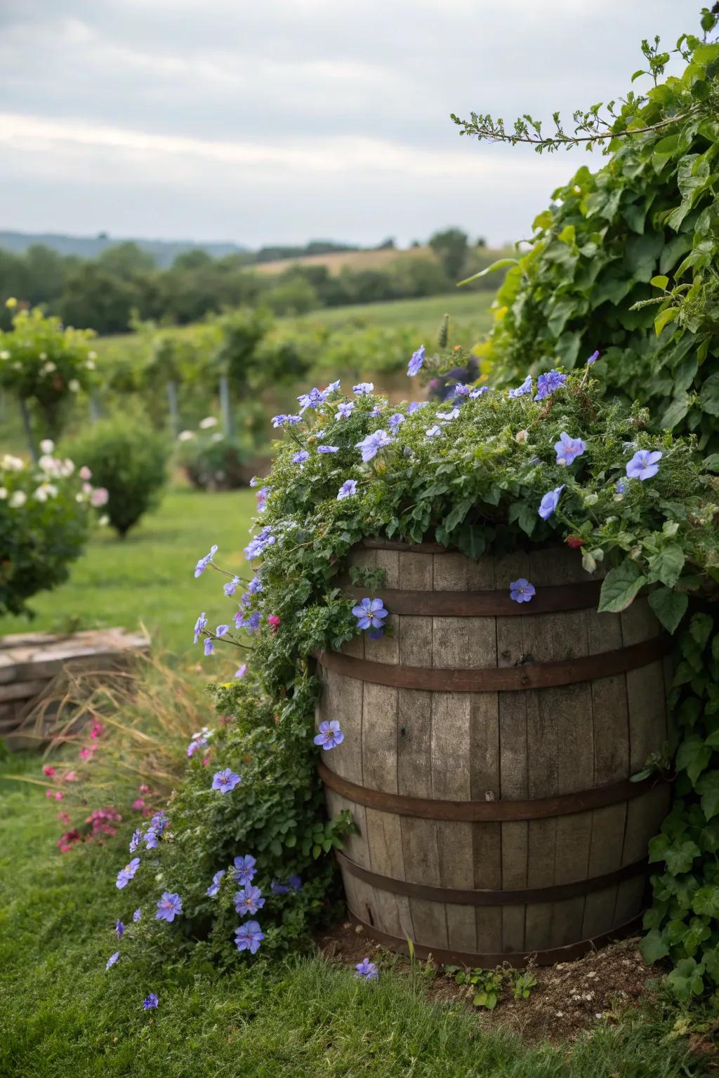 Charming periwinkle offering appeal all year in a whiskey barrel.