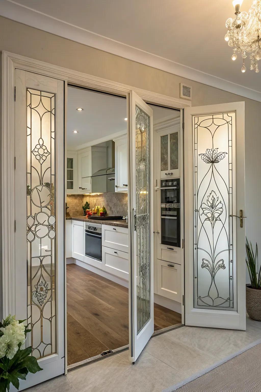Decorative glass sections infuse folding doors with artistic flair.