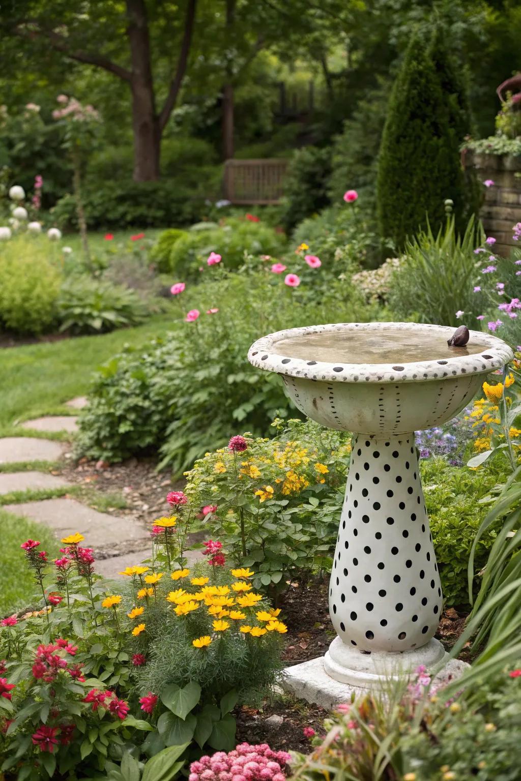 A polka-dotted bird spa adding a touch of whimsy and fun to the garden.