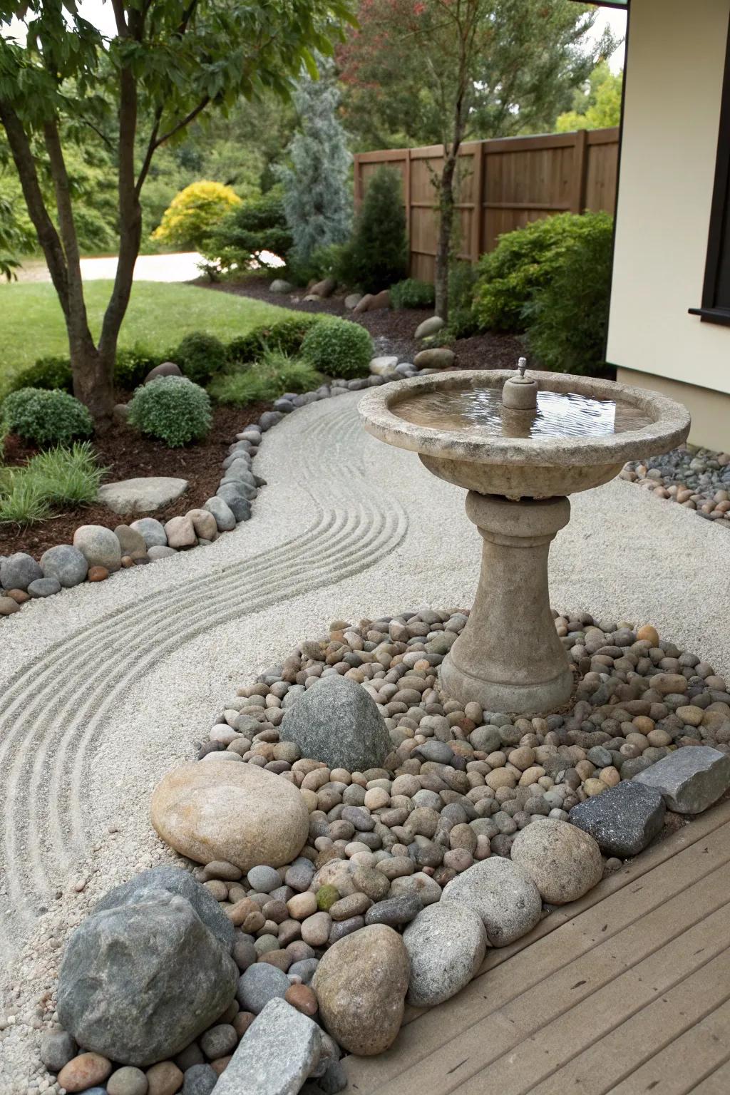 A Zen garden bird bath invites tranquility and contemplation.