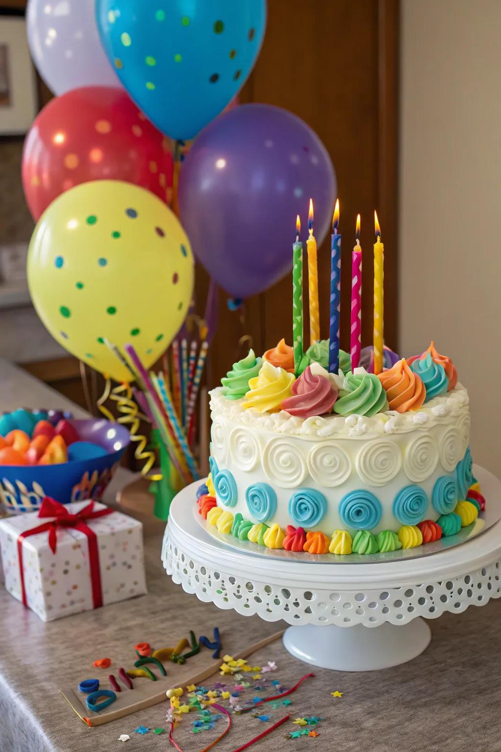 A whimsical cake display makes the birthday celebration even more special.