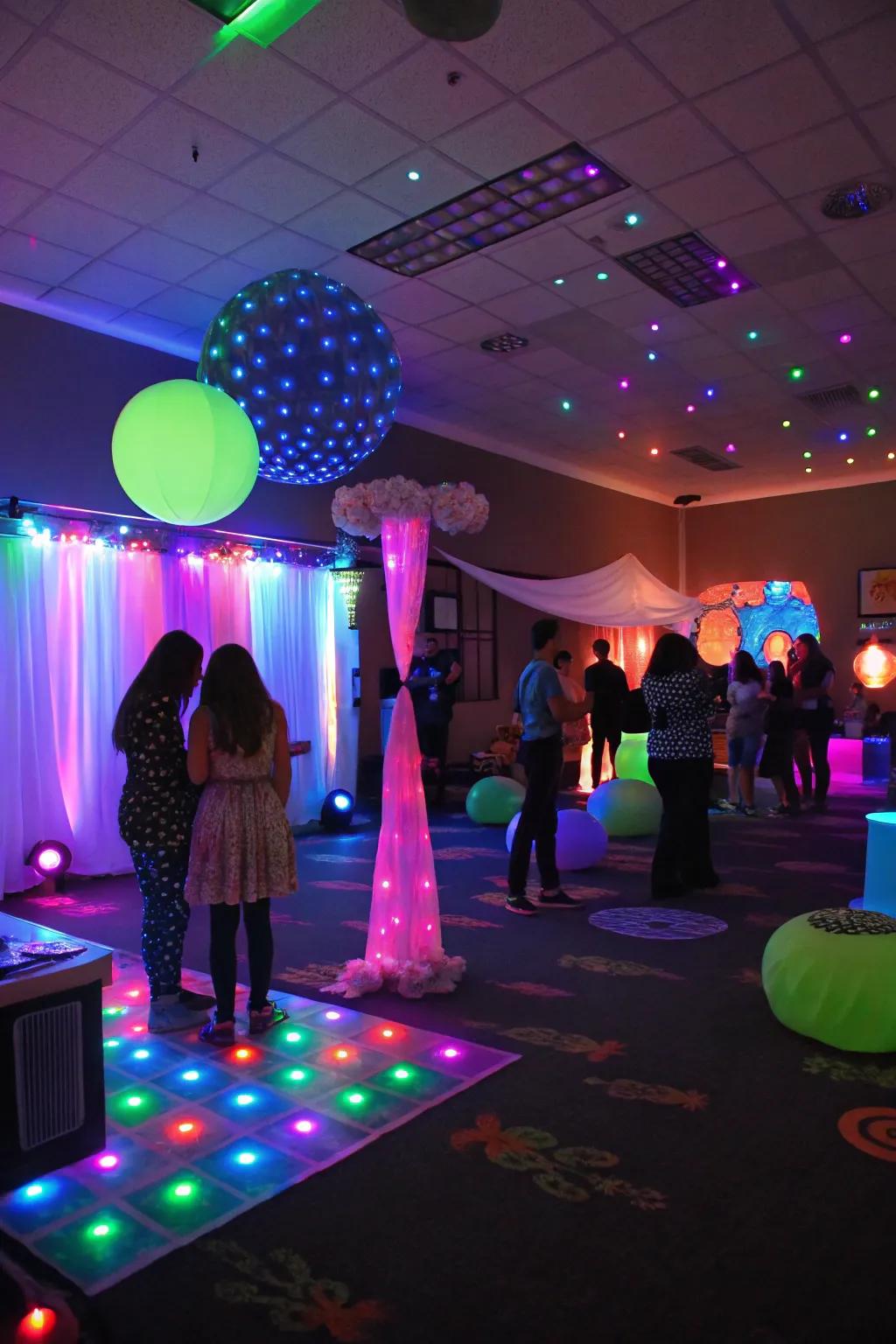 Glow-in-the-dark decorations add a magical touch to the nighttime celebration.