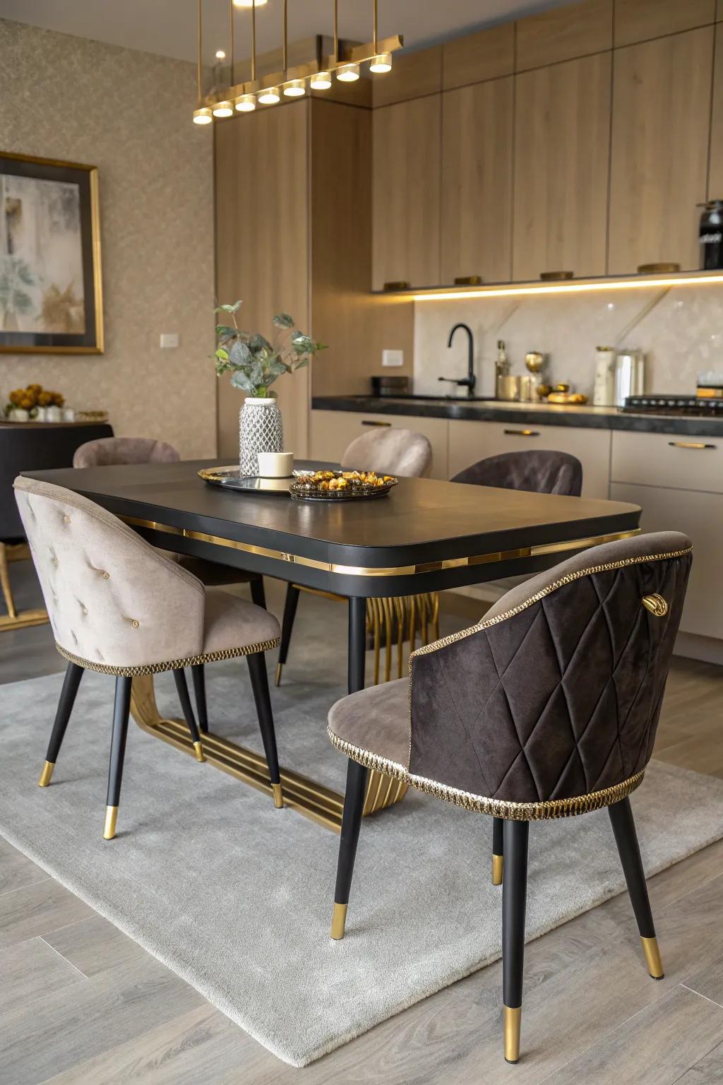 A sophisticated ebony and gilded dining area in the kitchen.