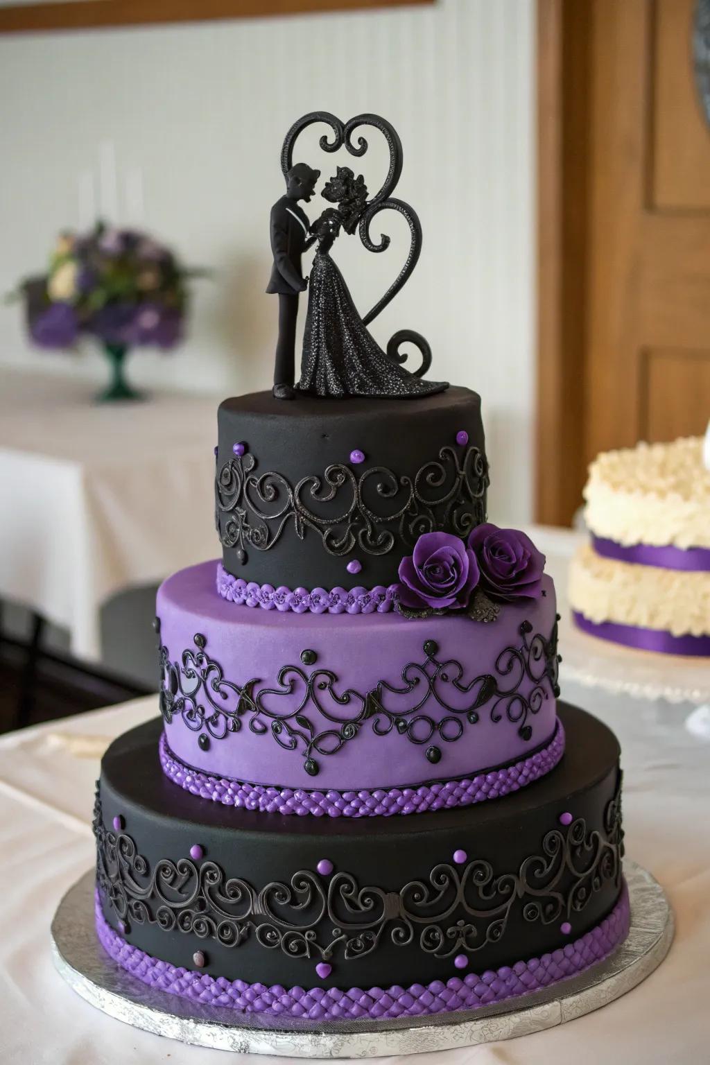 A surprising cake model featuring an onyx and violet theme.