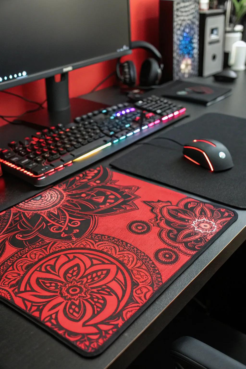 A custom desk mat with a crimson and black design adds a personal touch to the setup.