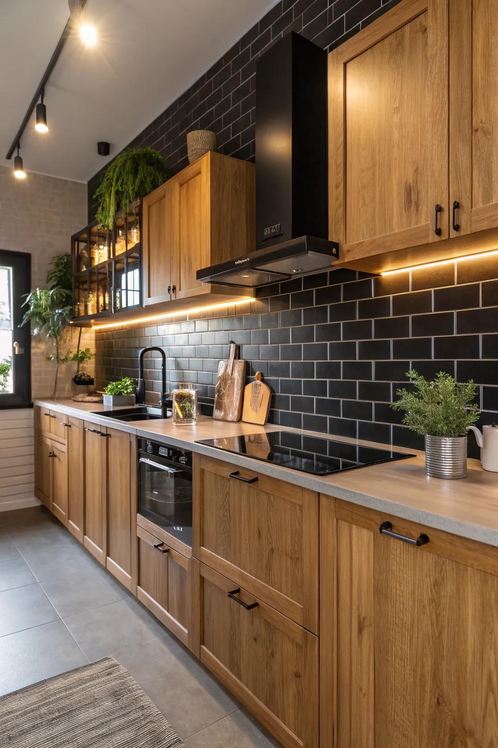 The warmth of timber cabinetry pairs beautifully with a bold dark backsplash.