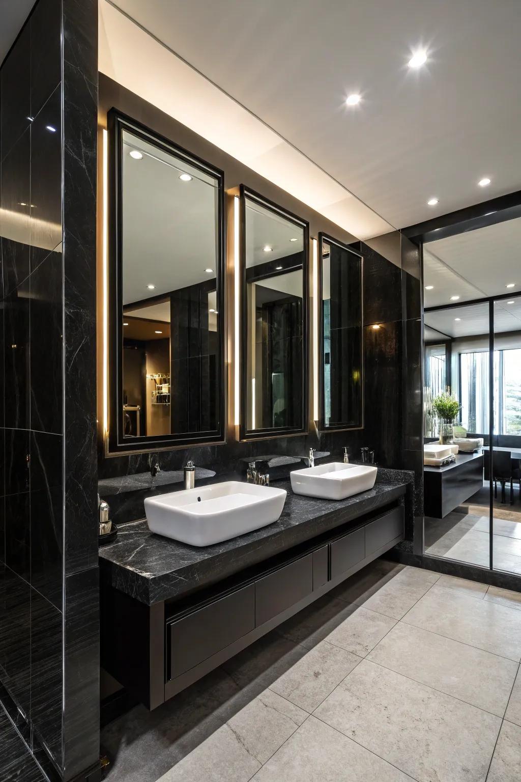 Looking-glasses heighten illumination and extent within black bathrooms.