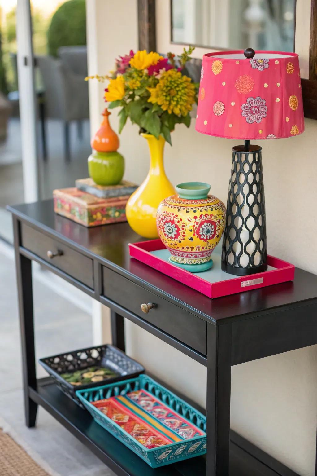 Vibrant pieces add a lively pop of color to the decor.