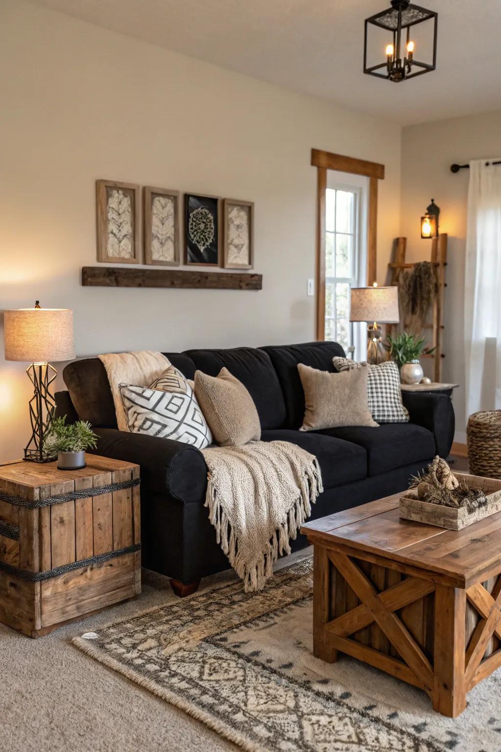 Modern farmhouse charm features a dark sofa.