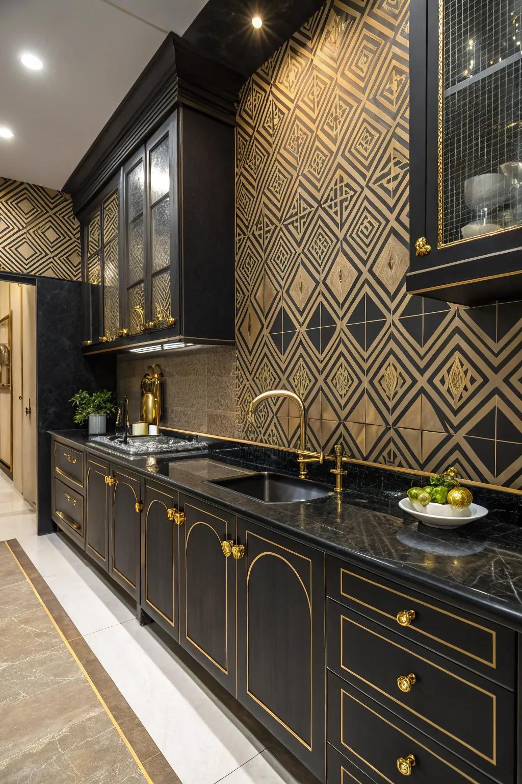 Art Deco style featuring dark countertops and gilded features.