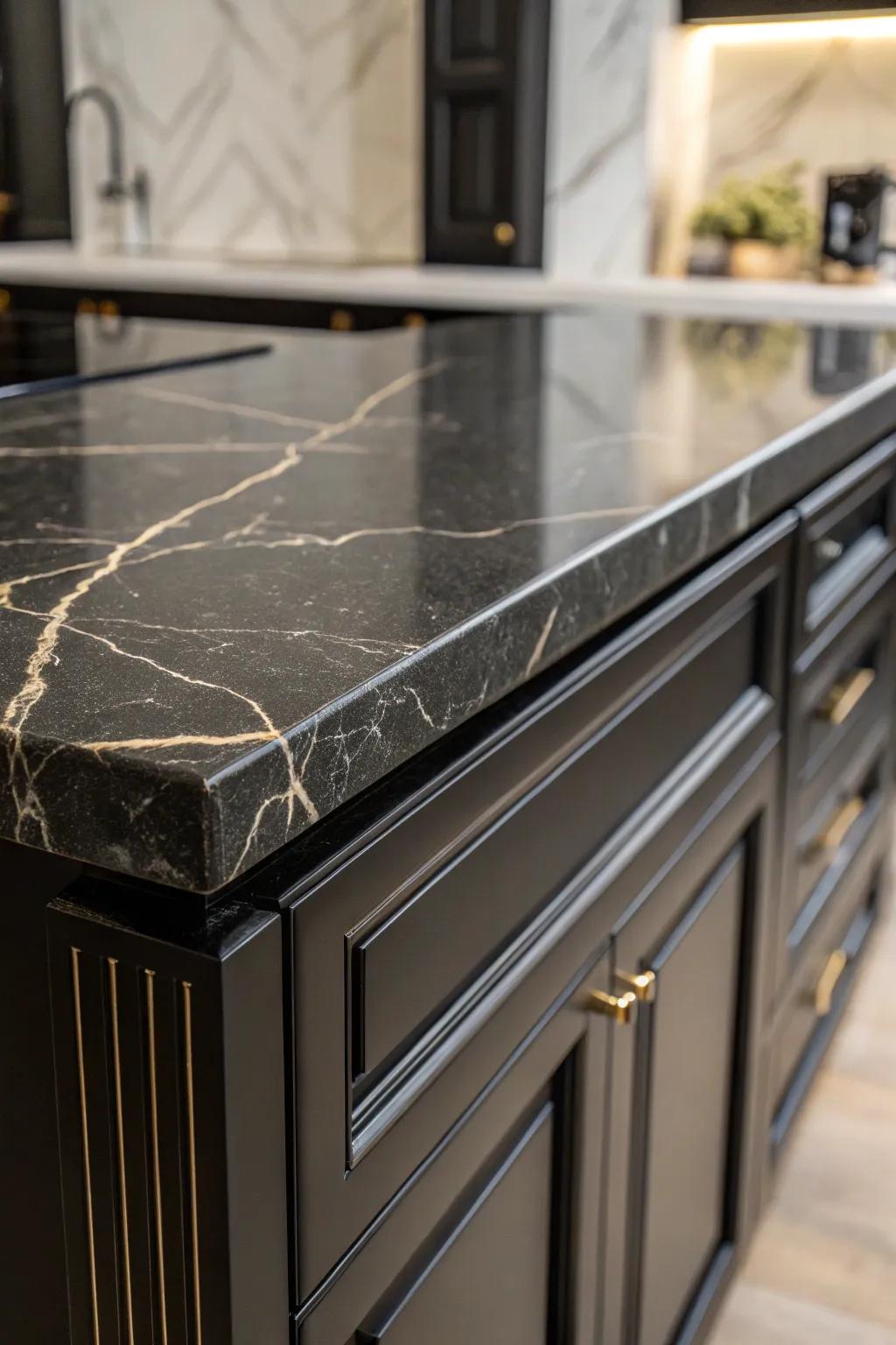 Subtle marbling adds elegance to ebony worktops.