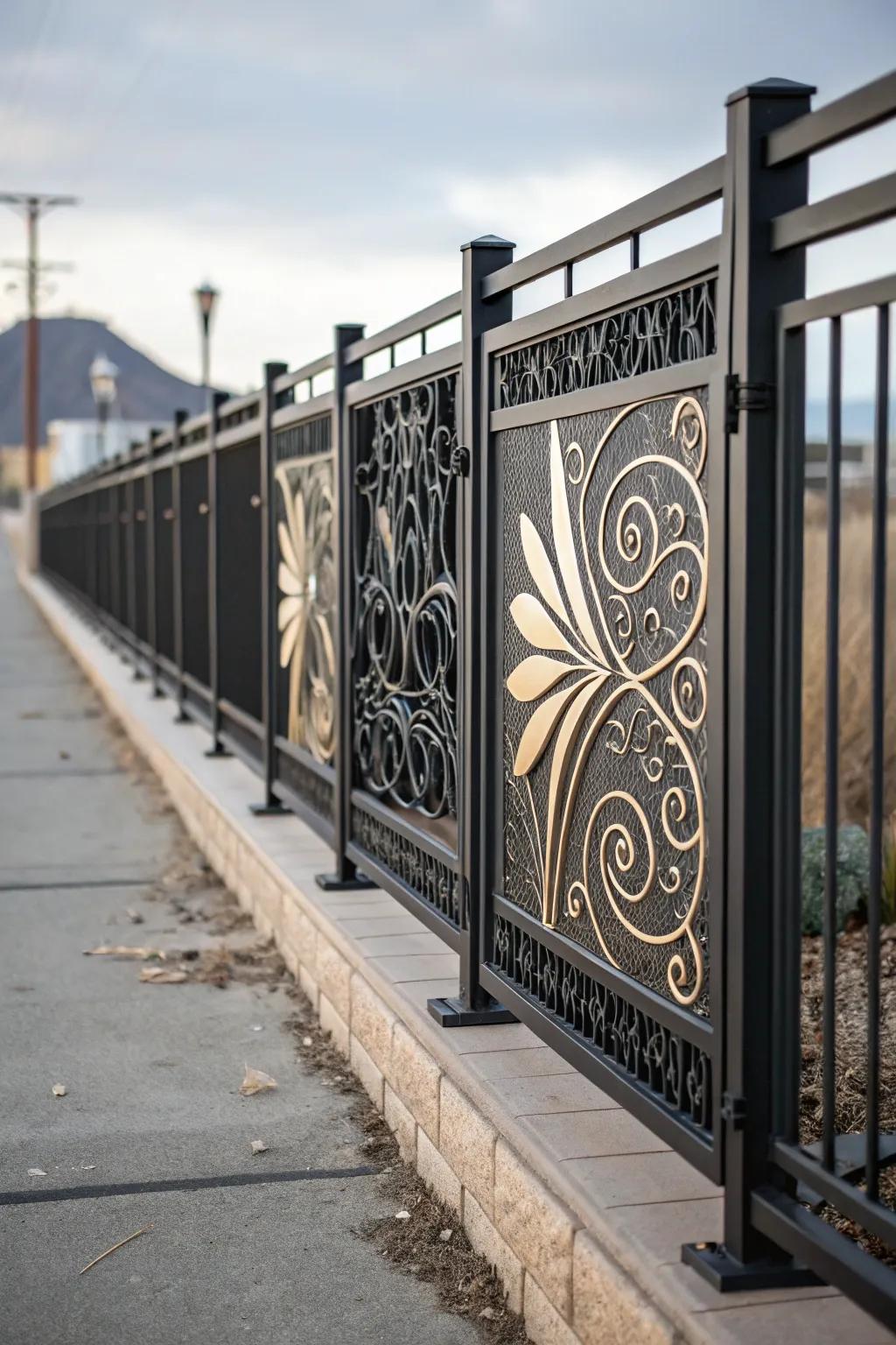 Artistic panels add individuality and fascination to a dark fence.