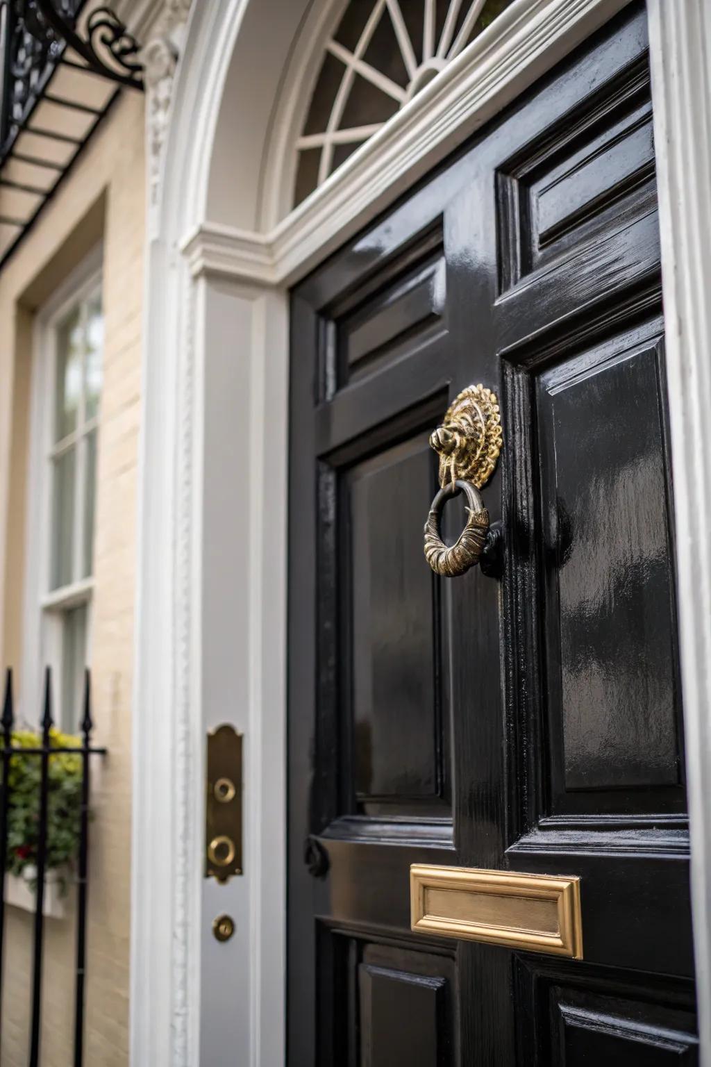 An antique brass door striker enhances character to a black door featuring white trim.