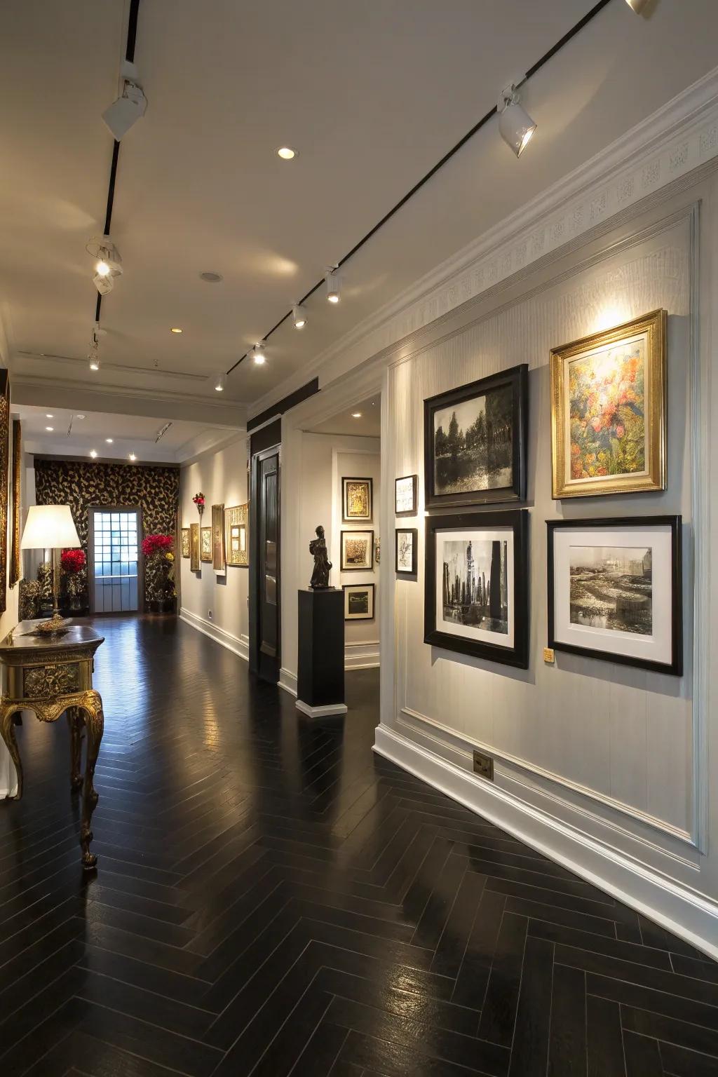 Art gallery feel with dark hardwood floors.