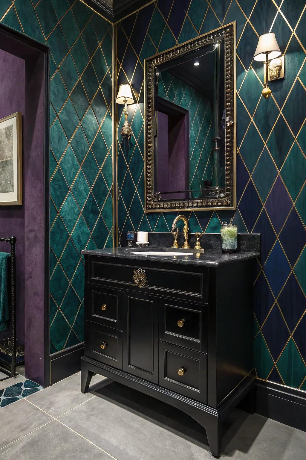 Gem-toned walls create a dramatic and elegant backdrop for a dark-toned vanity.