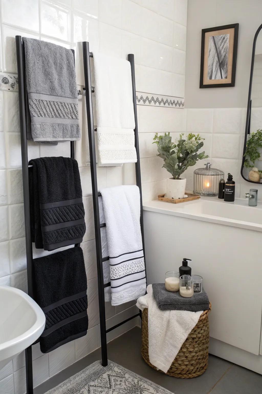 Subtle accessories tie together the monochrome palette of this bathroom.