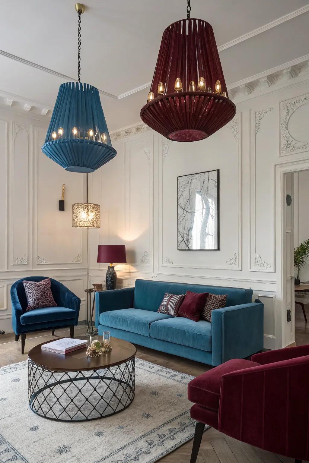 Fixtures for illumination in azure and crimson append an unexpected modern nuance.