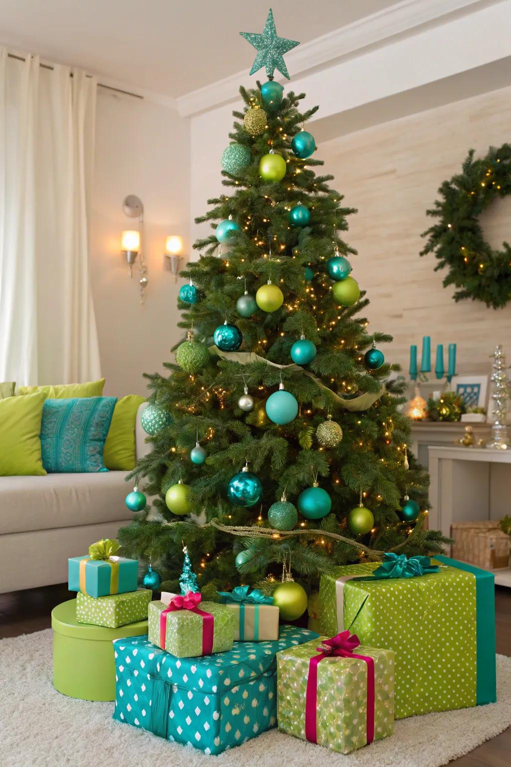 A tree in teal and apple green, adding celebratory flair to your home.