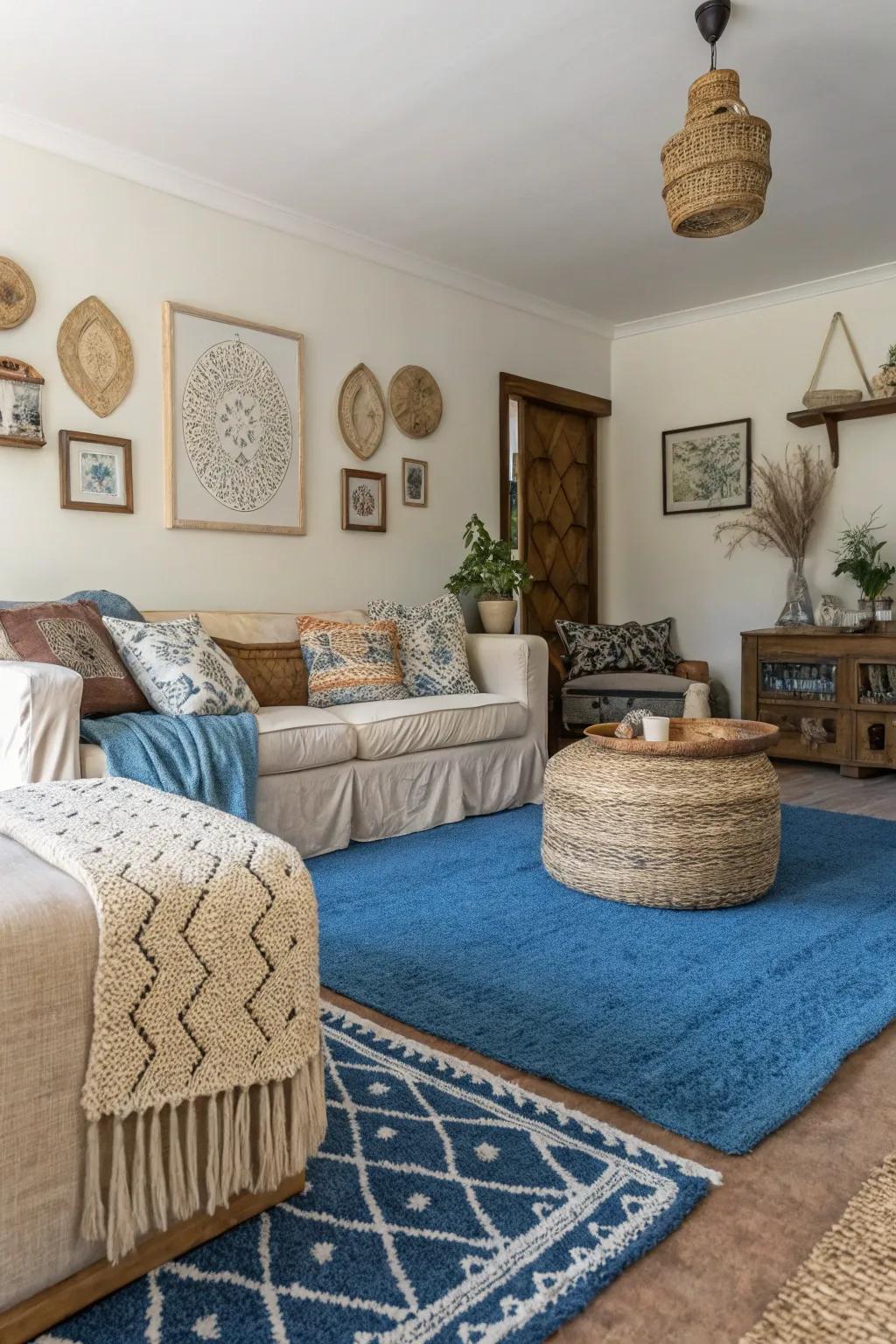 Superimposed textures enhance a blue carpet, appending profundity and warmth.