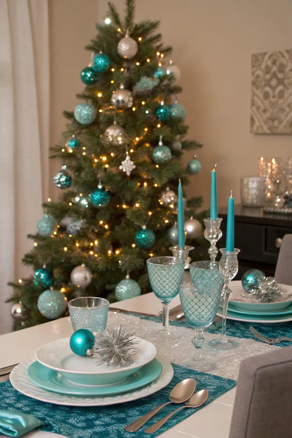 Contemporary turquoise and argent Christmas decor