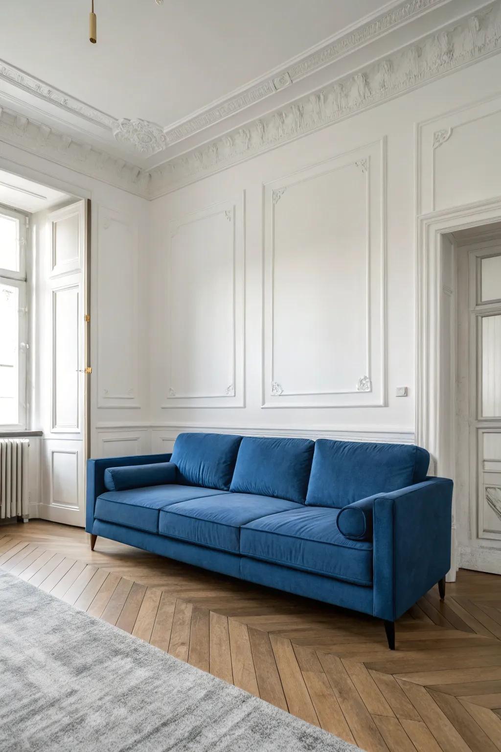 A minimalist setup emphasizes the sapphire sofa as the central feature.