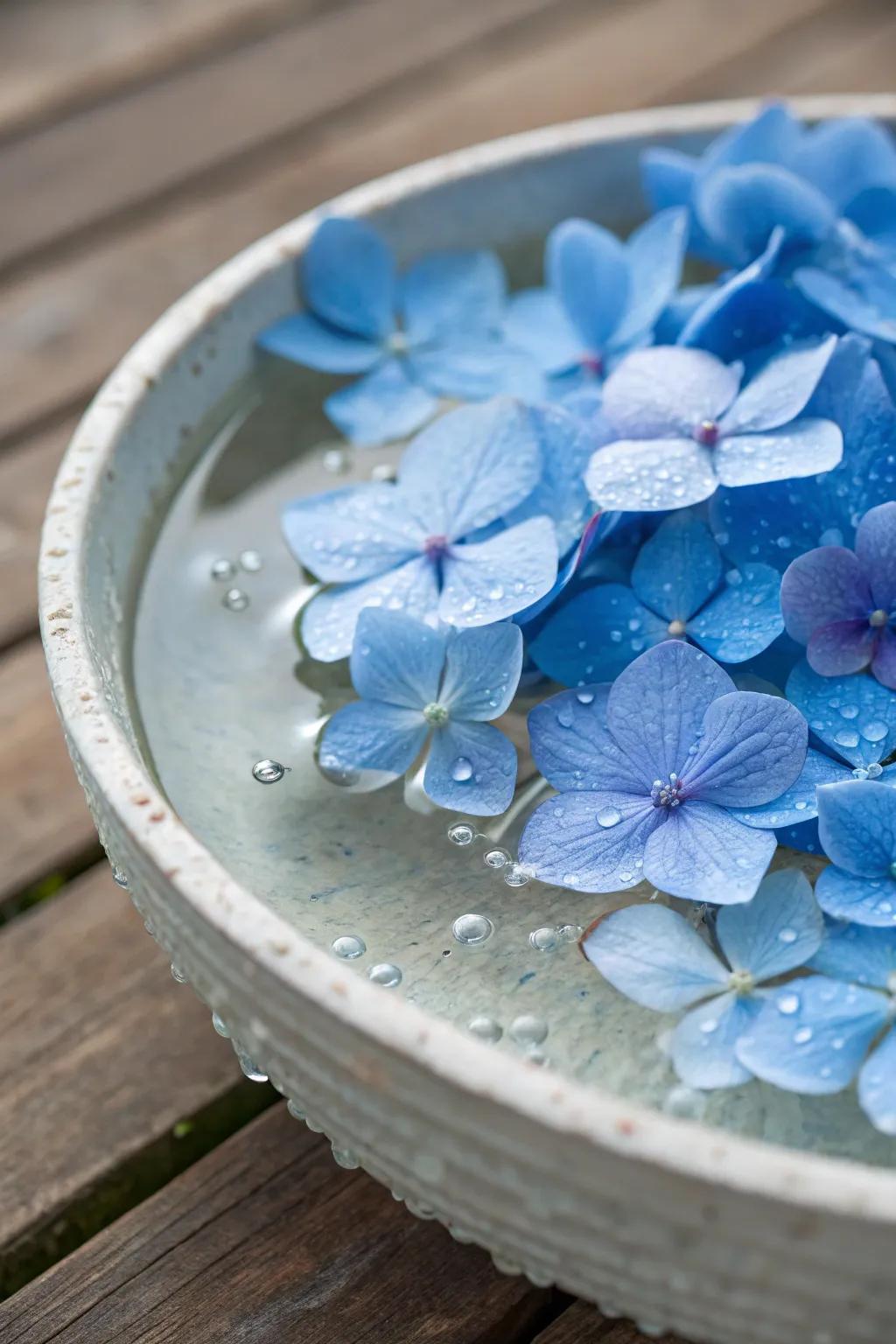 Floating hydrangea blooms compose a tranquil and singular centerpiece.