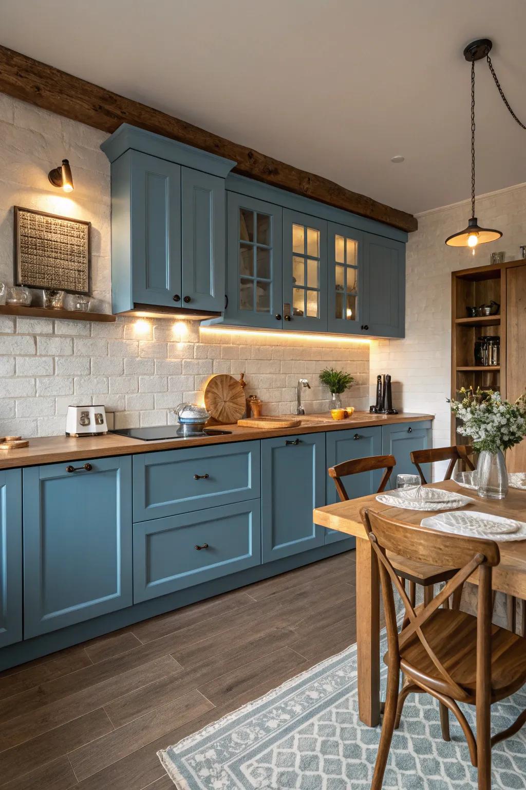 Azure cabinetry coupled with inviting timber tones cultivates a harmonious and welcoming cooking space.