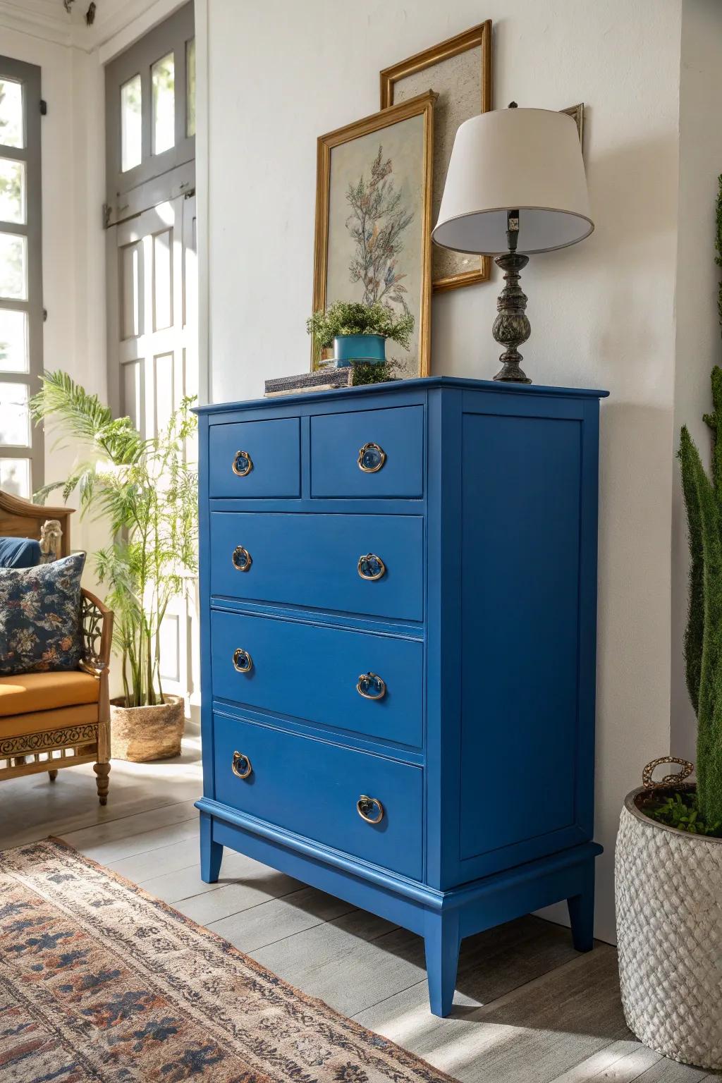 Vibrant azure-painted furniture stands out as a statement piece in your room.