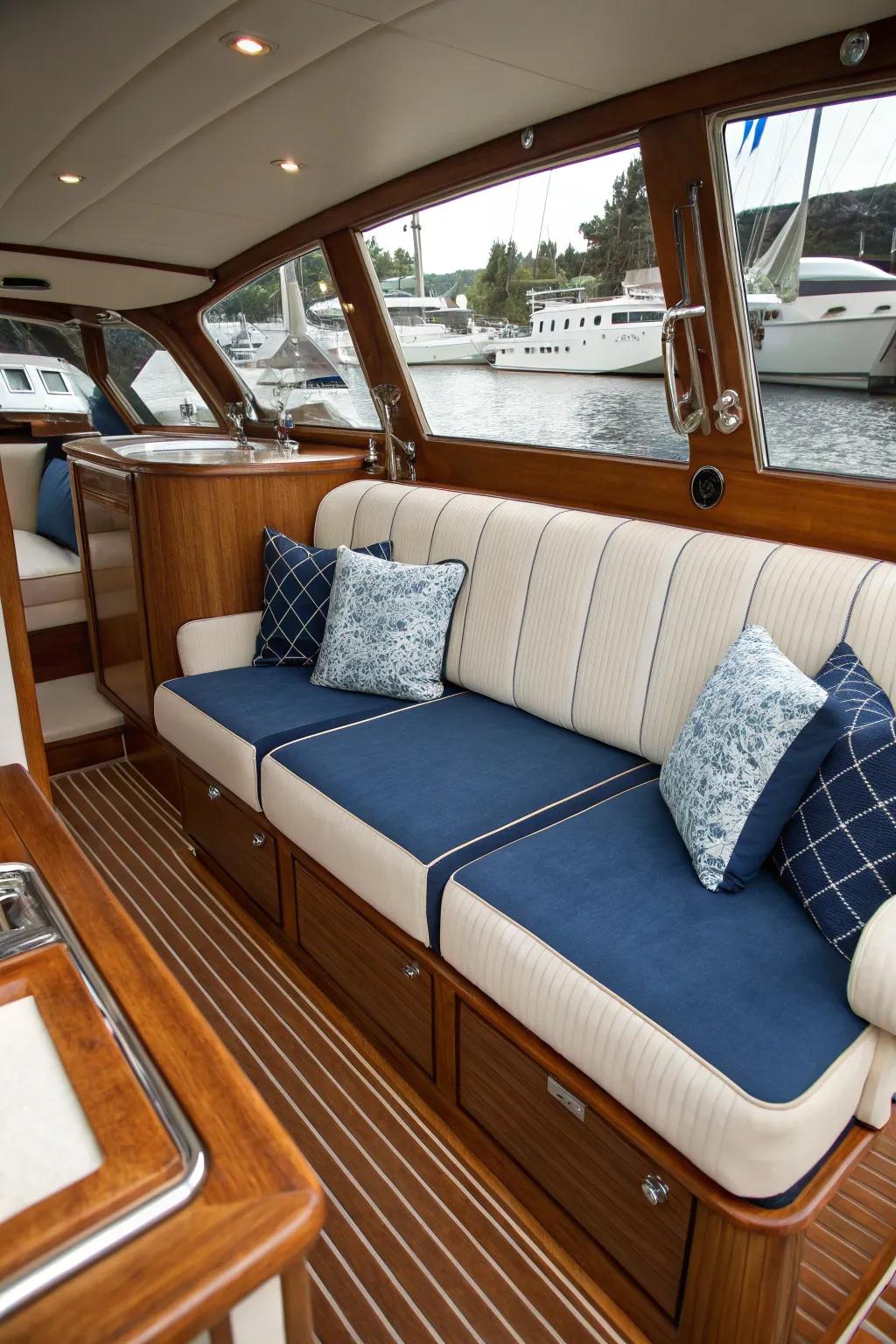 Custom-made upholstery covers include an individual touch to the seating area.
