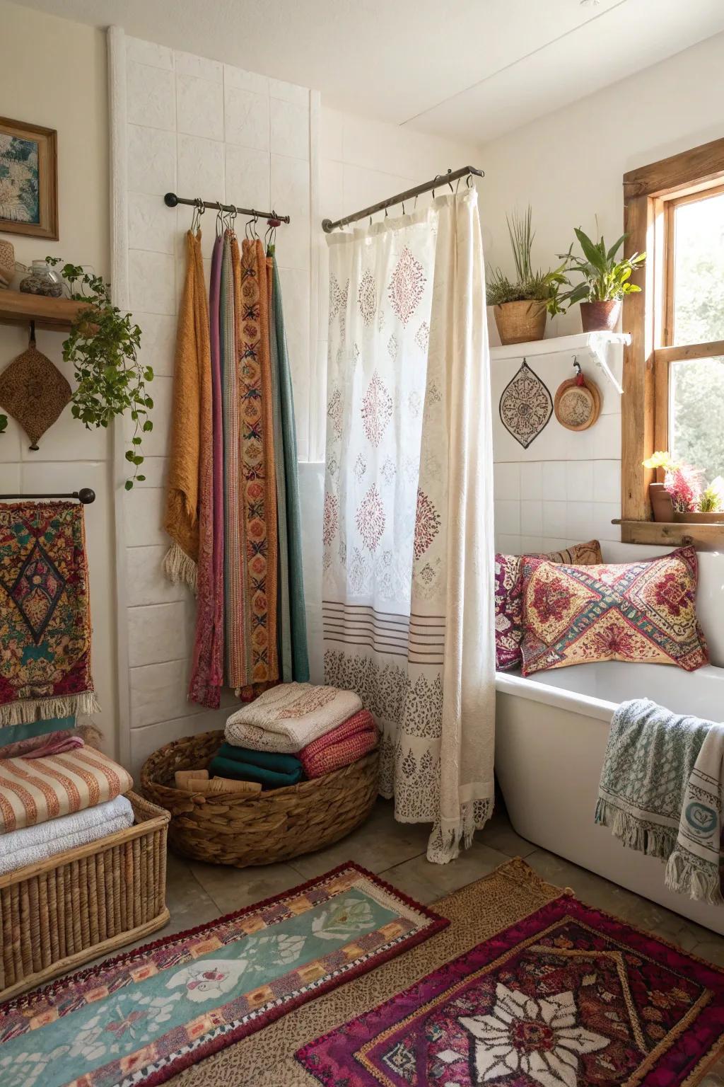 A boho bathroom with a mix of vibrant textiles and designs.