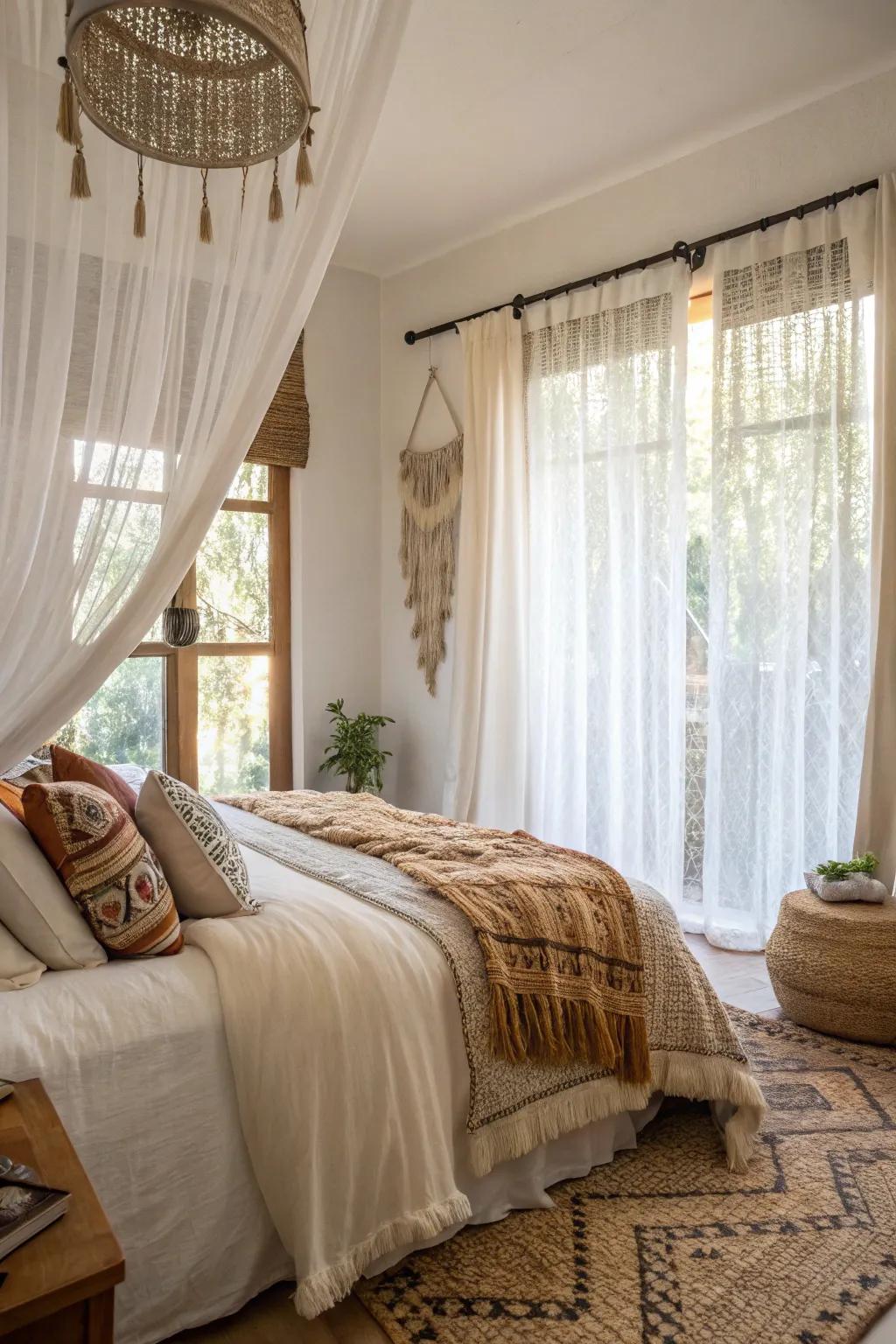 Layered window dressings add privacy to this boho bedroom.