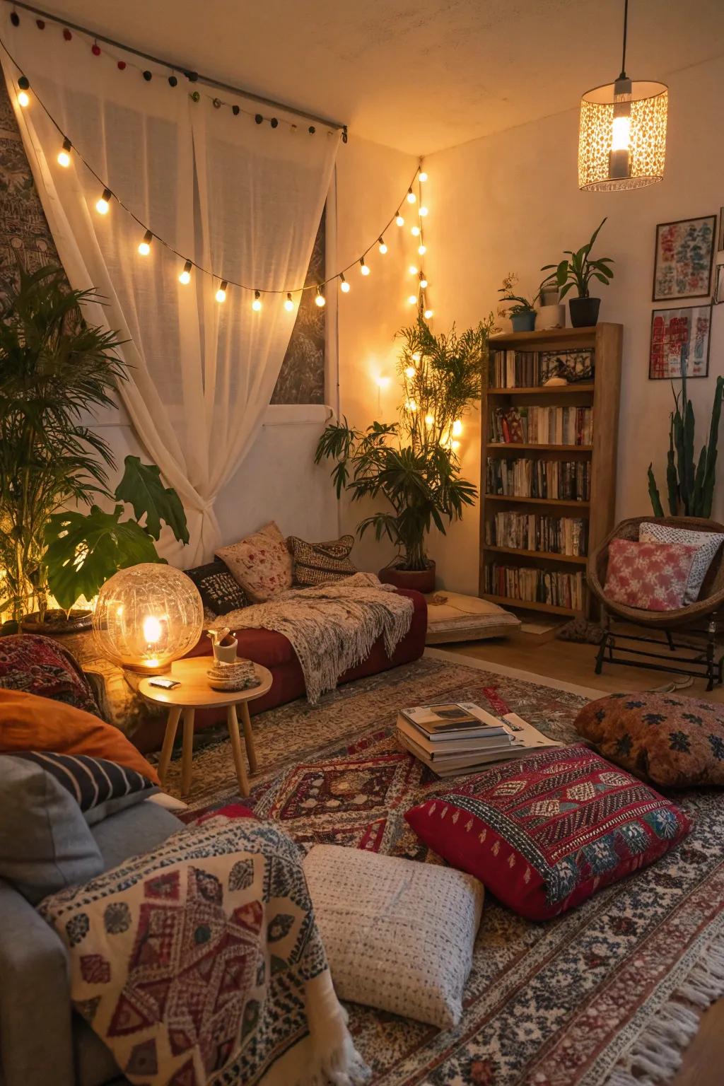 A cozy bohemian ambiance with warm illumination.