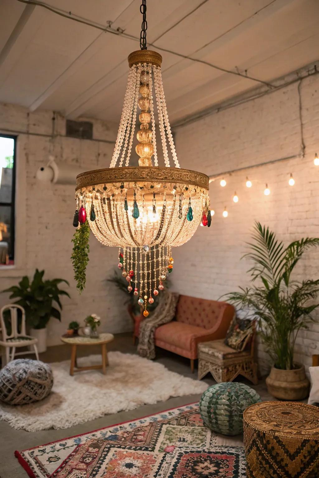 A free-spirited chandelier introduces elegance and charm to the space.