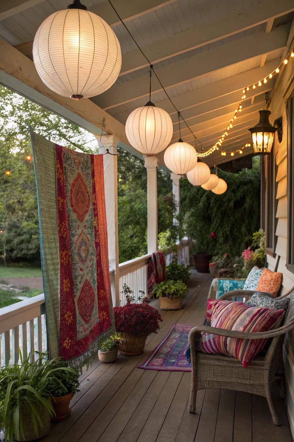 Rice paper lanterns saturating a bohemian veranda with a light, breezy sensation.