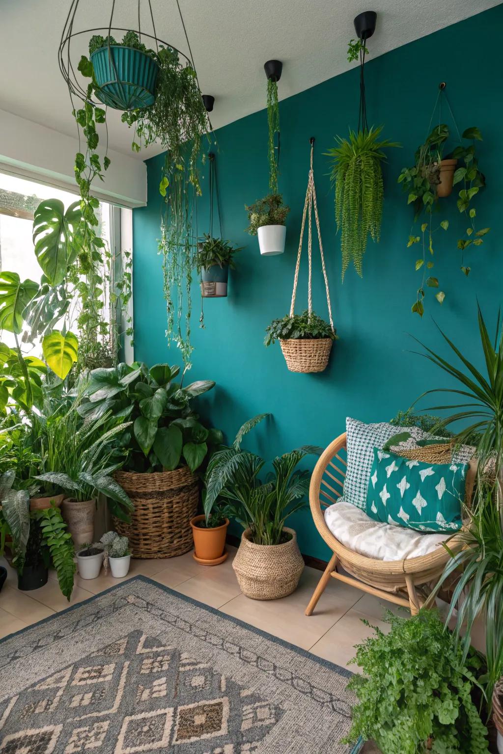 A colorful highlight wall injects energy and complements the greenery.
