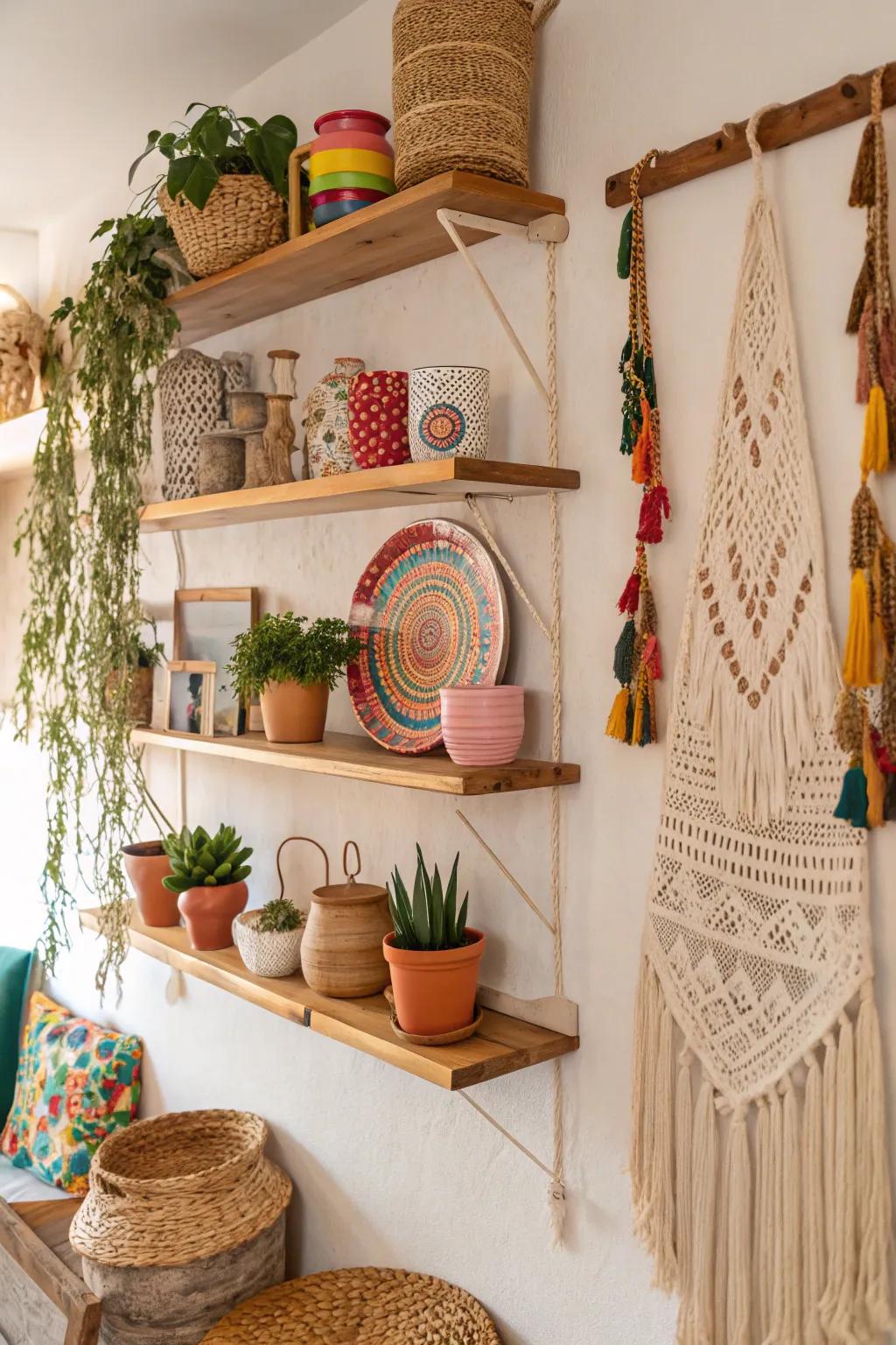 A wall featuring bohemian shelving that offers useful and fashionable storage.