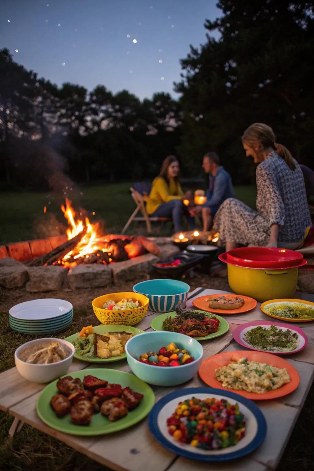 A community communal meal by the bonfire.