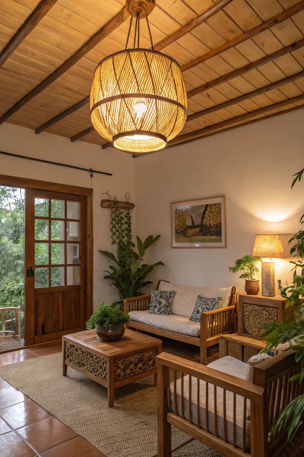 Lighting featuring natural components fosters a cozy setting.