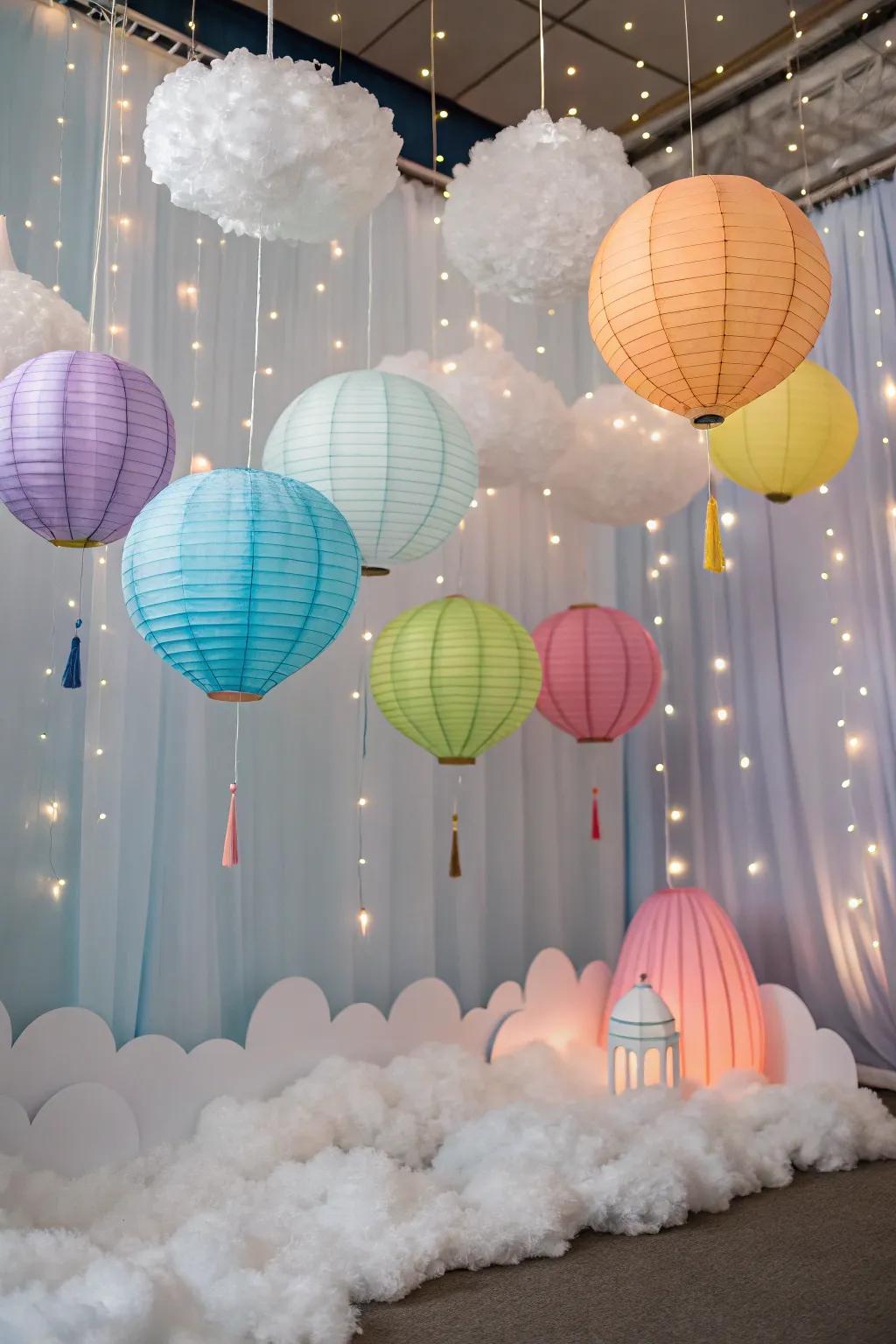 Dreamy magical wonderland created with clouds and lanterns