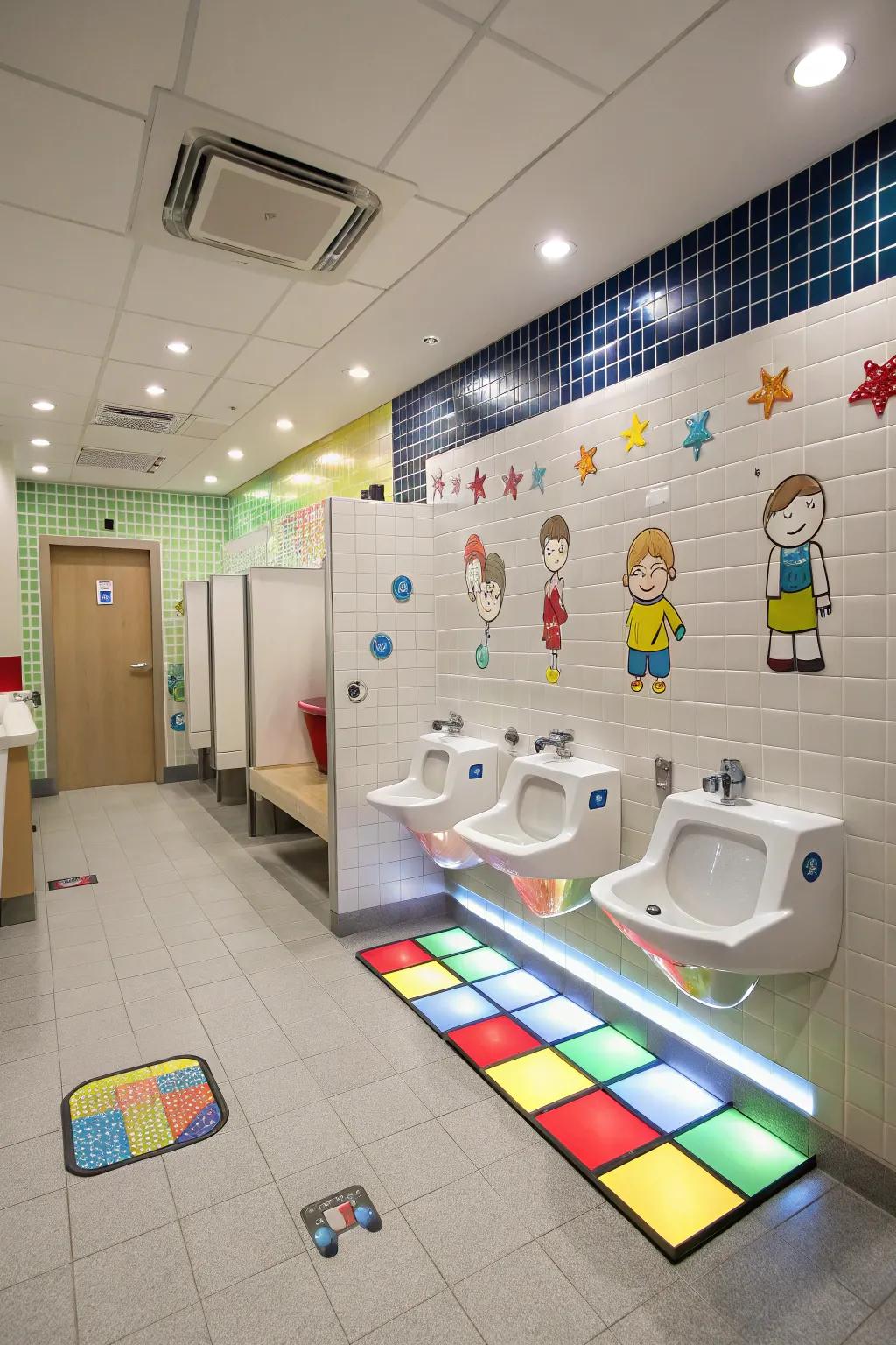 Interactive flooring tiles create a playful experience in a boys' bathroom.
