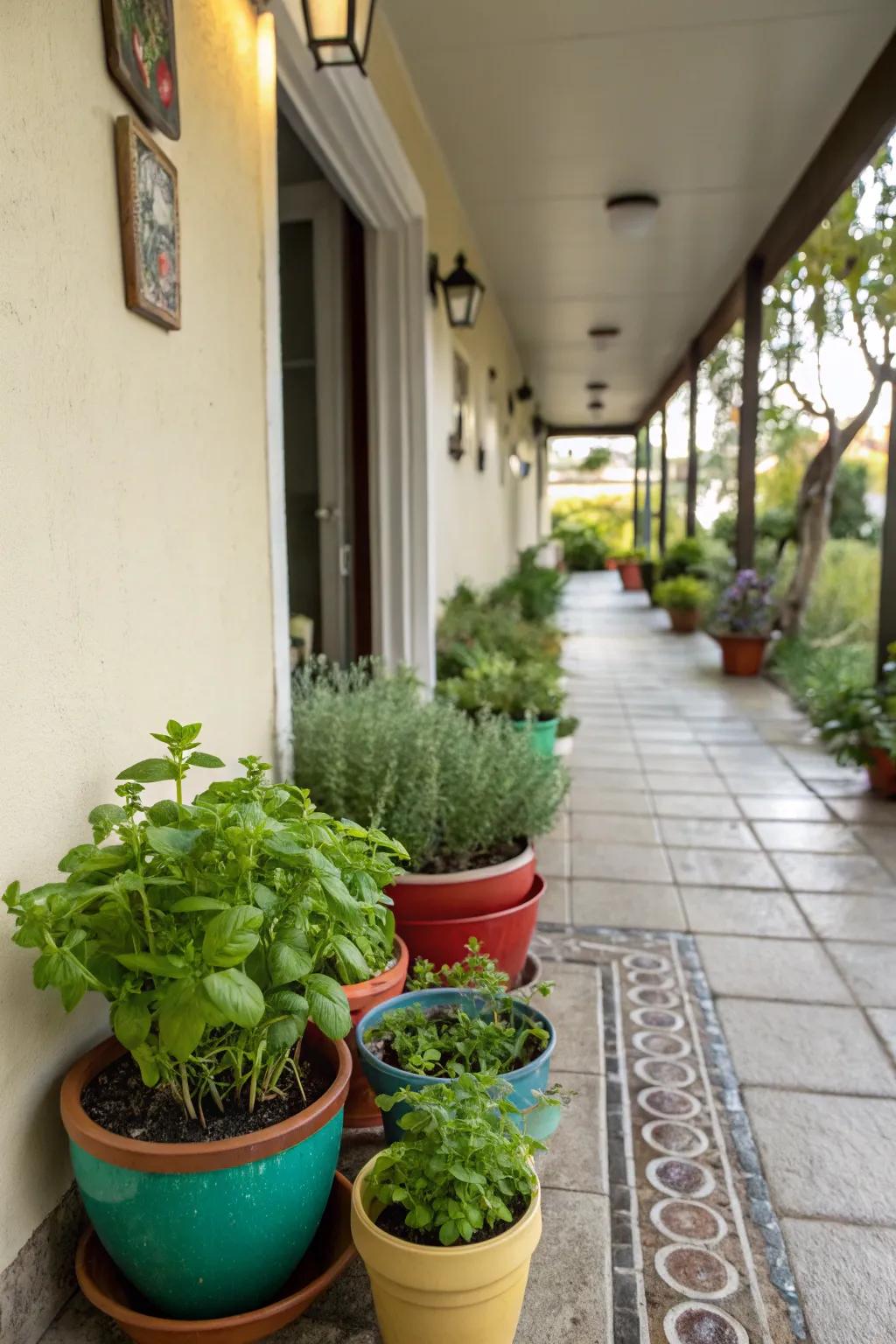 A handy mini herb garden that contributes both beauty and functionality to the breezeway.