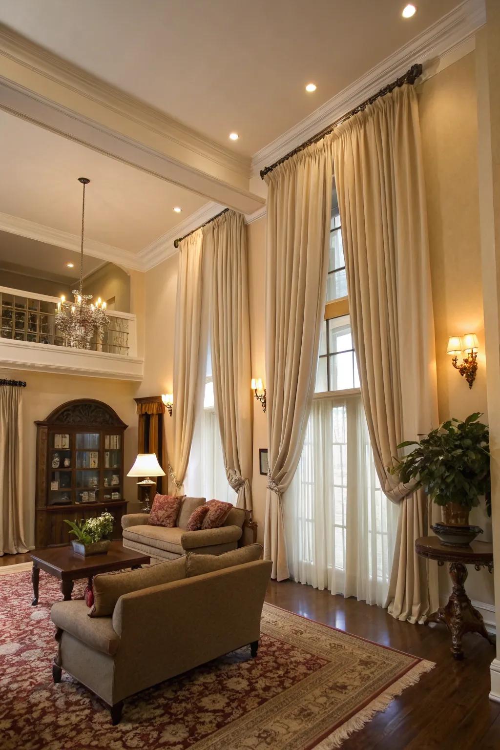 Tall curtains can enhance the perceived height and elegance of your living room.