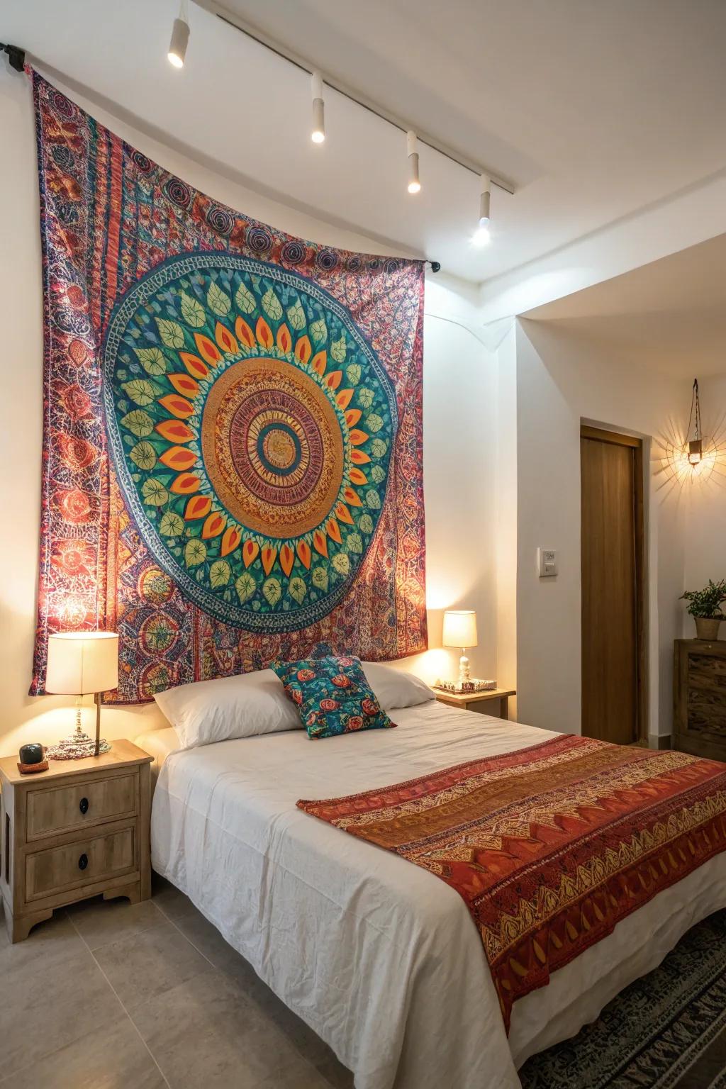 A wall hanging serves as a vibrant focal point in the bedroom.