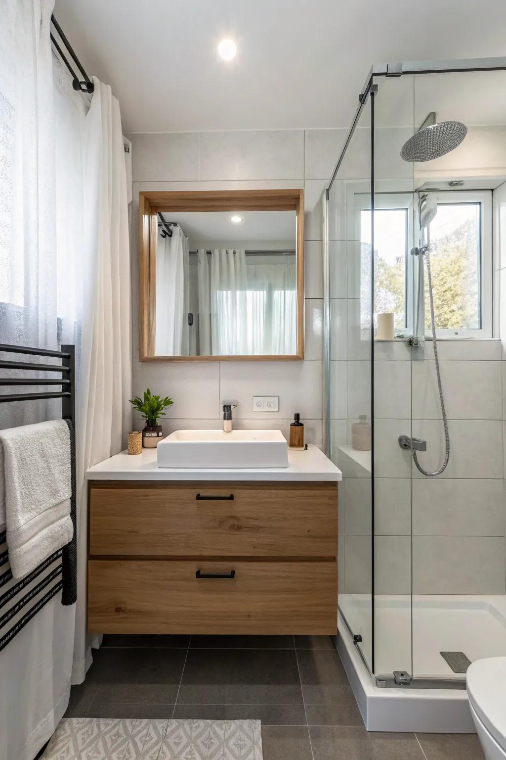 This small bathroom is made more appealing by adding a wall-mounted sink.