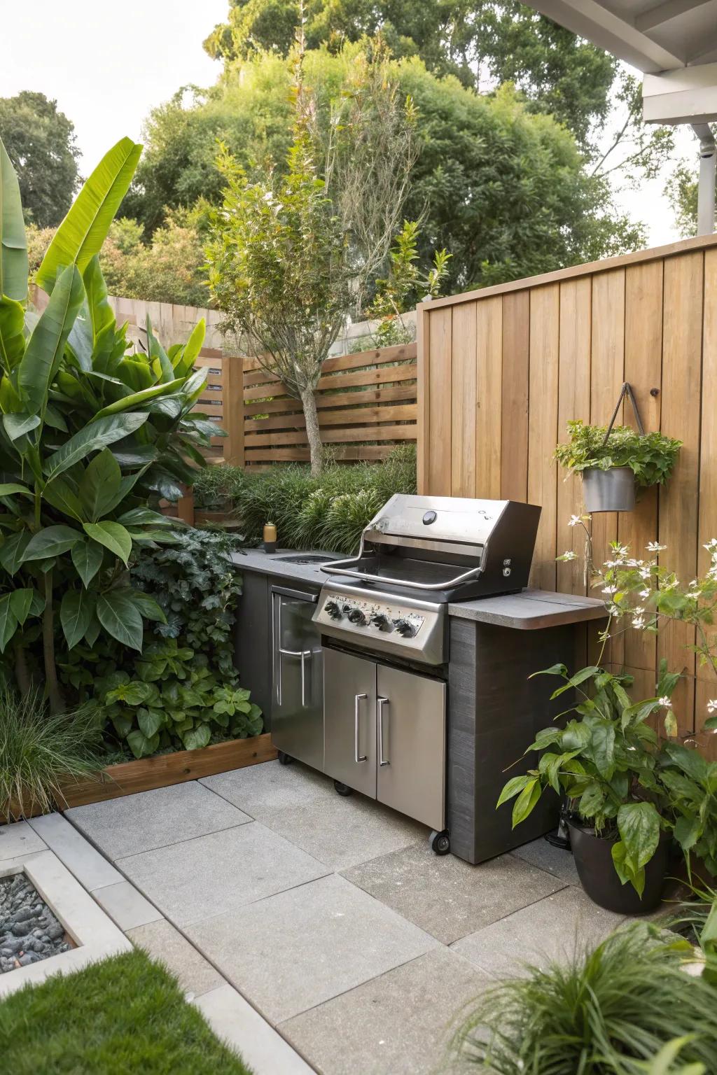 A compact corner BBQ setup maximizes space.
