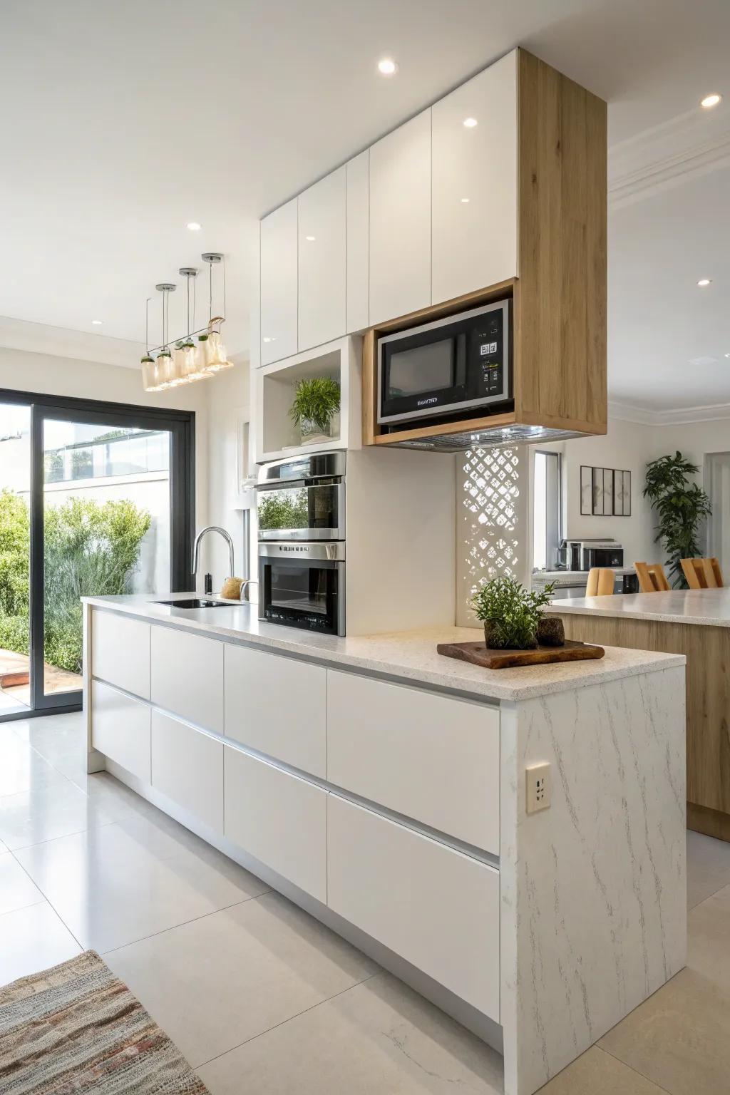 Modern kitchen design with the wave emitter mounted above a raised surface.