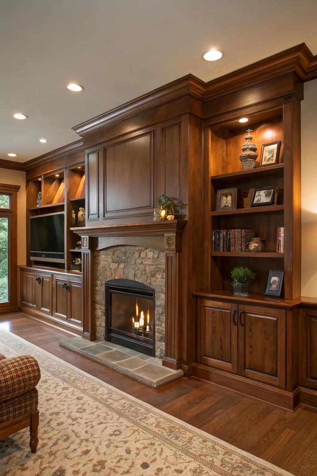 Deep wood tones contribute an opulent, traditional sensation to the fireplace's built-in features.