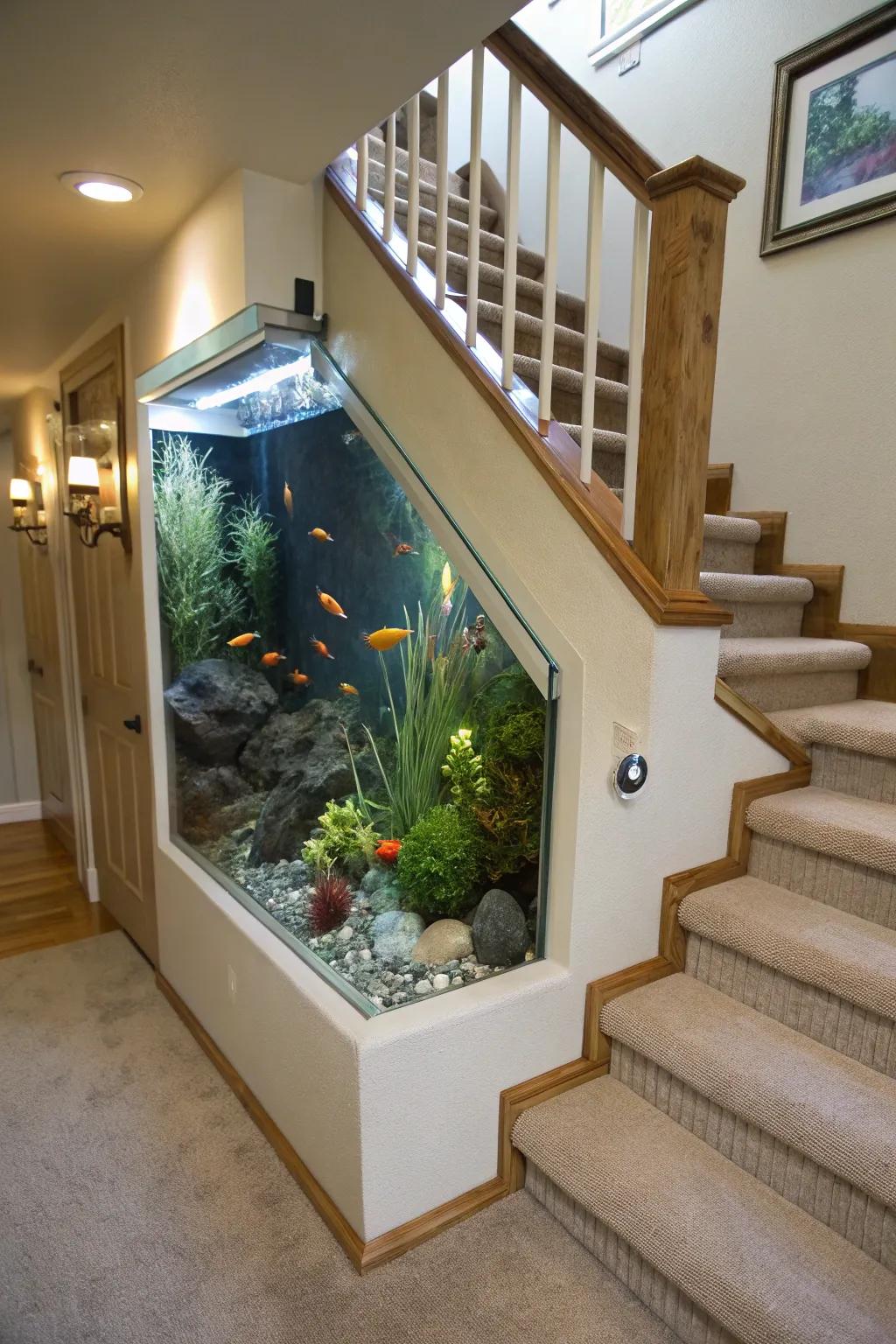 Aquatic elegance using an aquarium in a stair bulkhead.