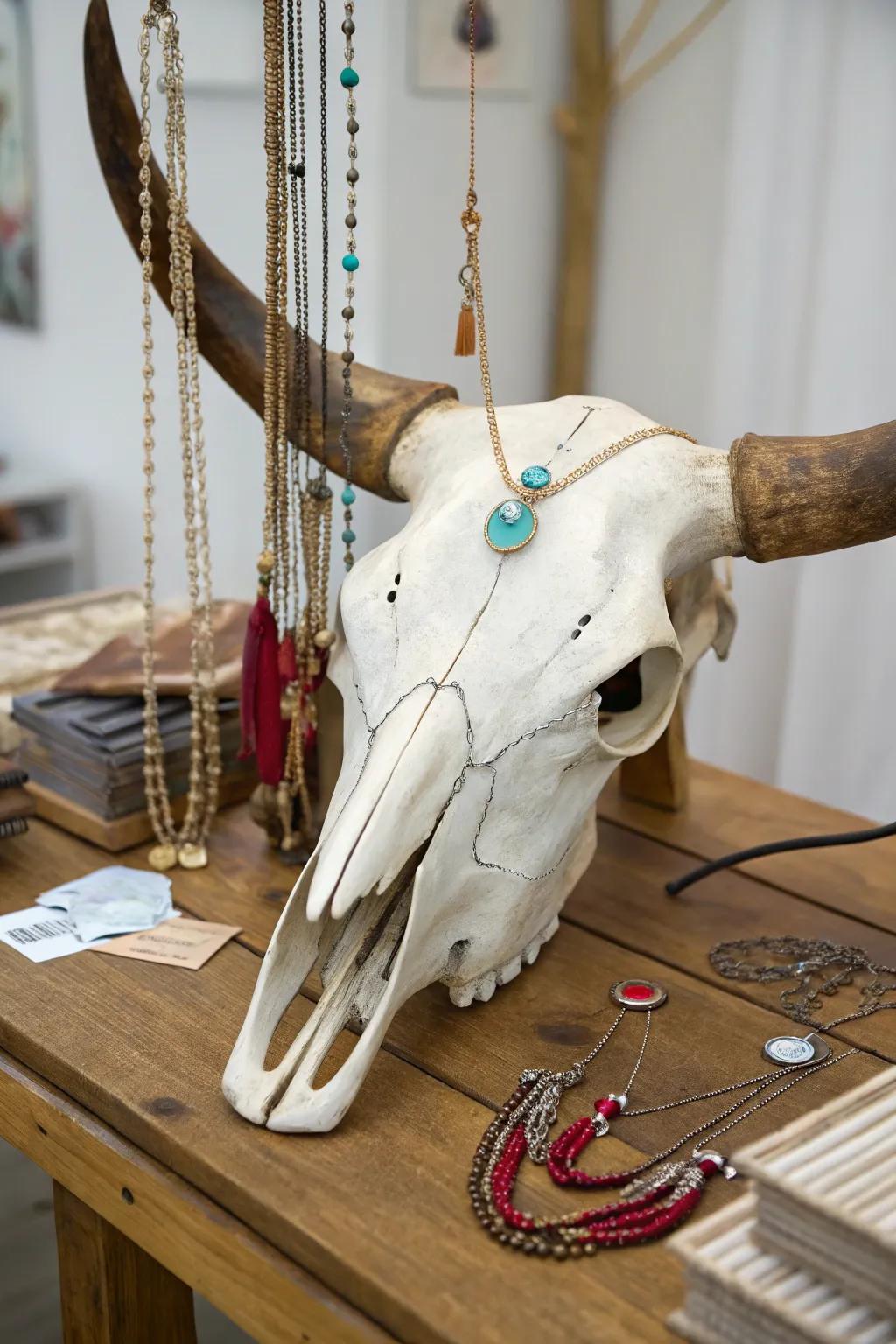 Creative jewelry display using a bull skull.