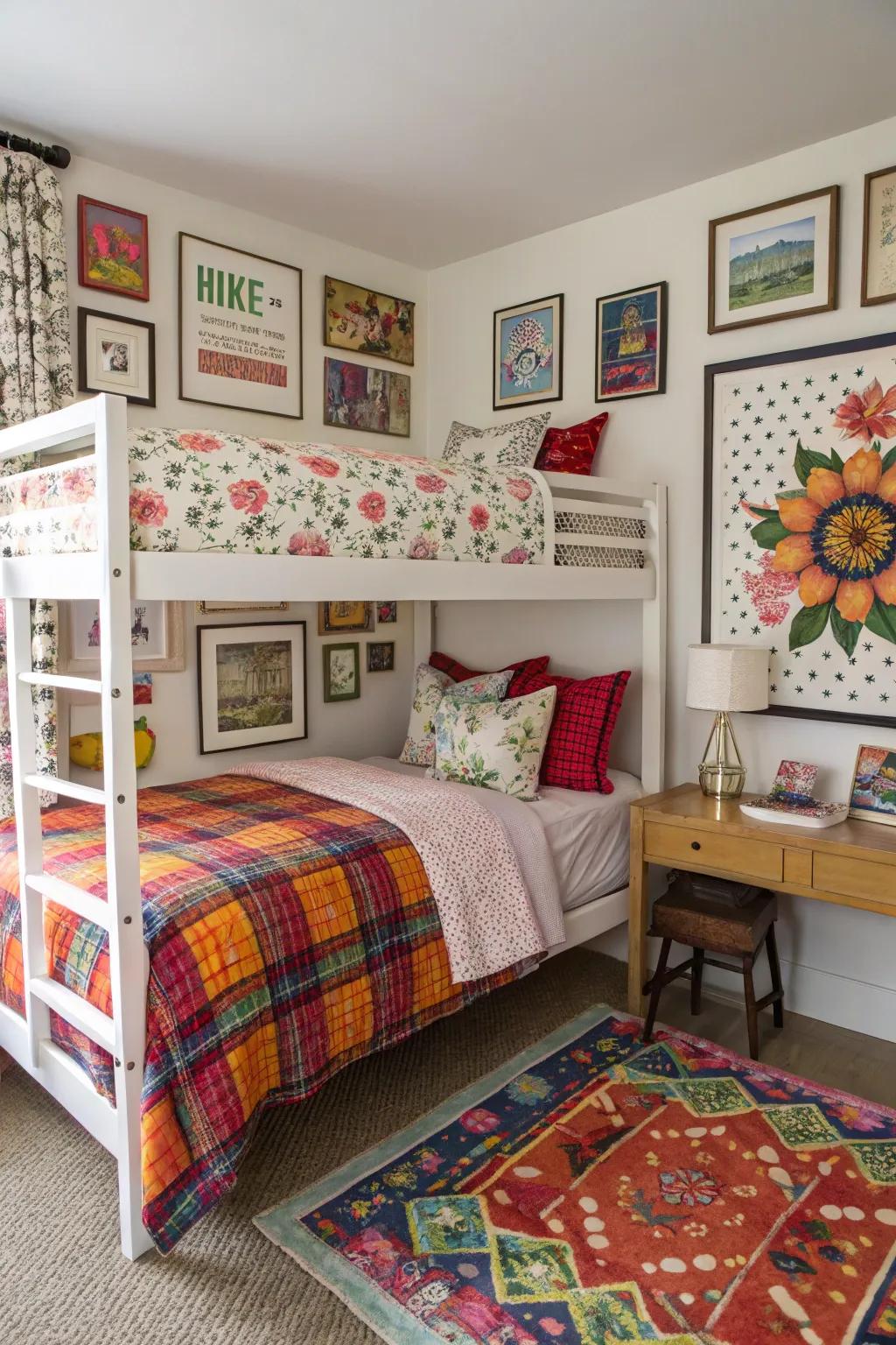 Stylish bunk room featuring a chic fusion of patterns.